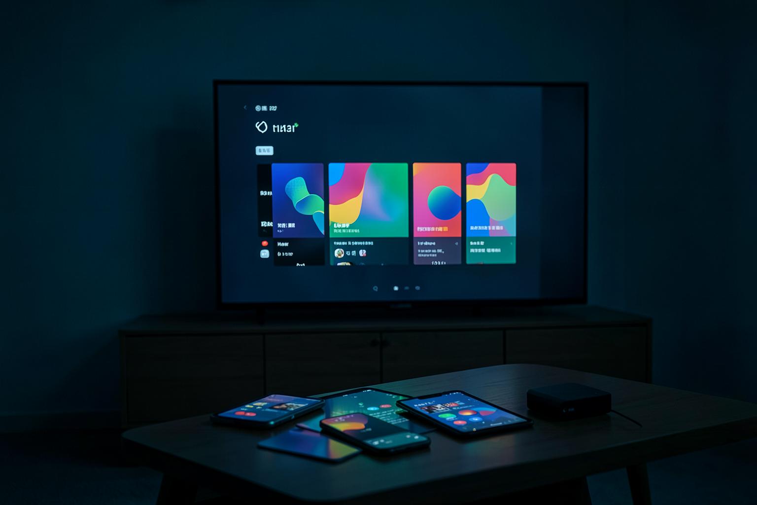Smart TV, celular, tablet e TV Box exibindo interface de aplicativo de streaming em uma sala
